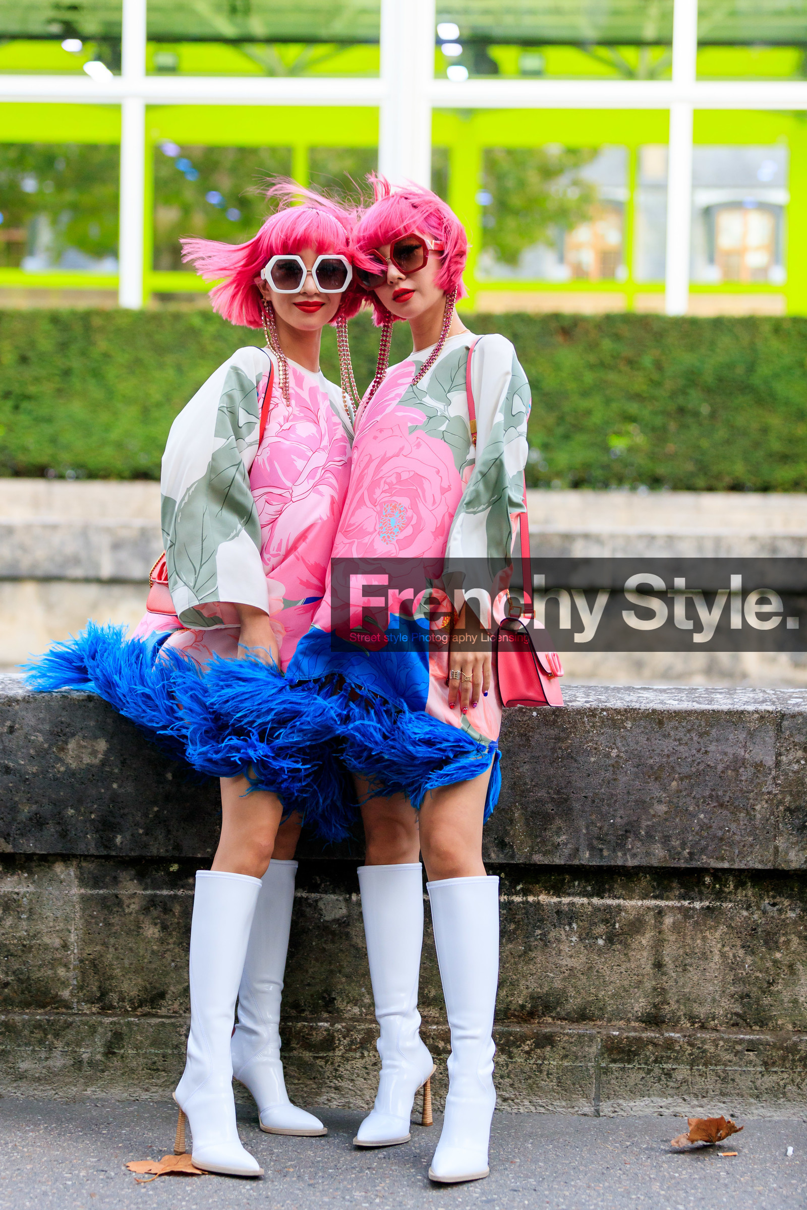 Ami and Aya Suzuki, valentino bag, valentino dress, valentino sunglasses, pink hair, pink dress, pink leather bag, light green dress, blue dress, feather details, feather dress, long sleeves dress, mini dress, floral printed dress, white leather boots, high boots, high heels boots, fendi boots, polish boots, red sunglasses, white sunglasses, geometric shape glasses, big sunglasses, red leather bag, shoulder bag, strassed headband, pink headband, PARIS, PFW, SPRING SUMMER 2020, SS 20, fashion week, frenchystyle, FW, jonathan paciullo, street style, vertical, full length