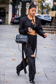 bag, black crop top, black heels, black jacket, black pants, Caroline Hu, chanel bag, crop top, cut out, earrings, gold earrings, heels, jacket, leather bag, pants, quilted bag, fashion week, frenchystyle, FW, jonathan paciullo, street style, PFW, PARIS, SPRING SUMMER 2022, SS 22, vertical, full length