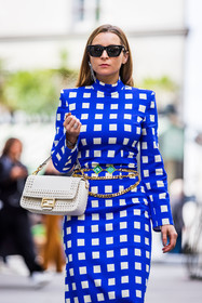 bag, belt, black sunglasses, color, dress, electric blue dress, fendi bag, gold belt, Julia Comil, leather bag, printed dress, statement earrings, sunglasses, white bag, street style, jonathan paciullo, FW, frenchystyle, fashion week, PFW, PARIS, SPRING SUMMER 2022, SS 22, vertical, atmosphere details