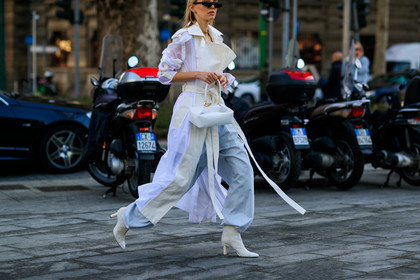 blue pants, high heels, leather bag, leather shoes, leonie hanne, rejina pyo, see through, sunglasses, trench coat, trousers, white bag, white coat, white shoes, MILAN, MFW, fashion week, frenchystyle, FW, jonathan paciullo, street style, AUTUMN WINTER 2019-2020, AW 19-20, FALL WINTER 2019-2020, FW 19-20, atmosphere details, detail, horizontal
