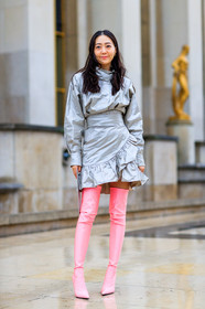 AUTUMN WINTER 2017-2018, AW 17-18, FALL WINTER 2017-2018, fashion week, frenchystyle, full length, FW, FW 17-18, high boots, high heels, jonathan paciullo, leather shoes, PARIS, PFW, pink boots, silver dress, street style, vertical