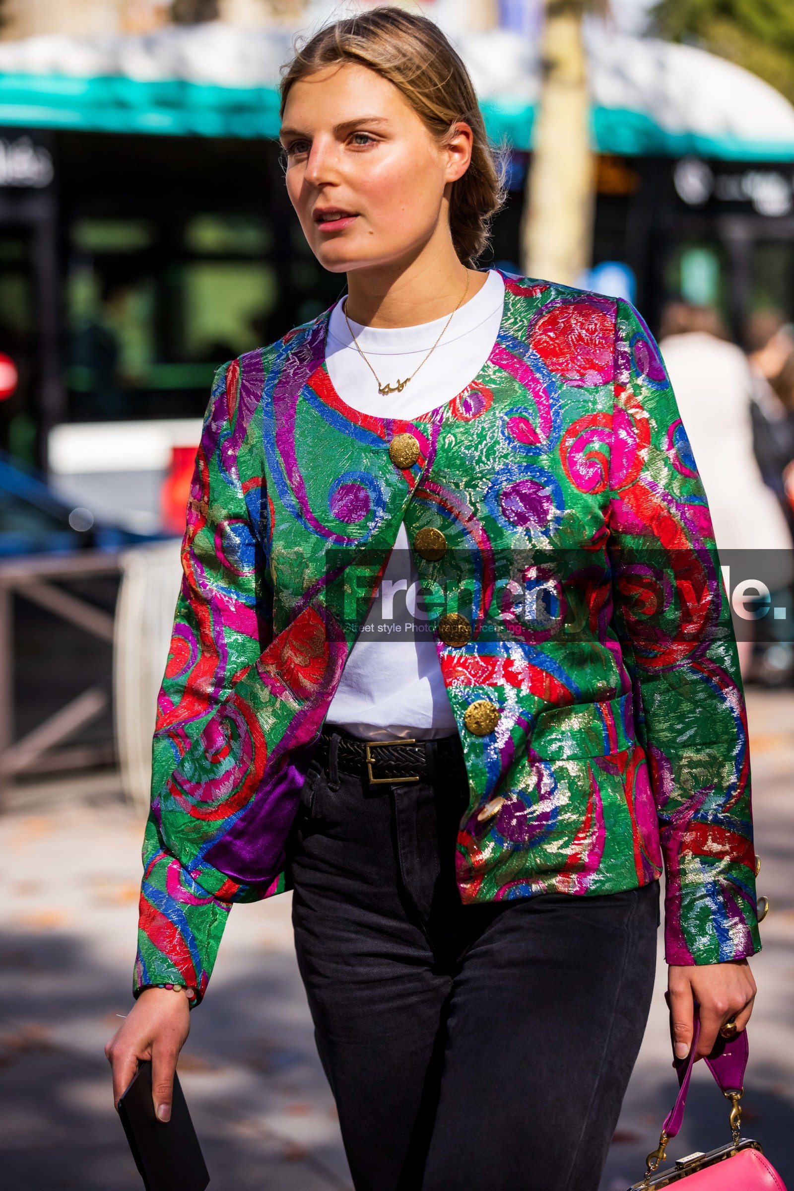 belt, black belt, black denim, black jean, Claire Beermann, color, denim, green jacket, jacket, leather belt, multicolor, pink jacket, printed jacket, t-shirt, white t-shirt, fashion week, frenchystyle, FW, jonathan paciullo, street style, PFW, PARIS, SPRING SUMMER 2022, SS 22, vertical, atmosphere details
