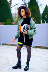 AUTUMN WINTER 2017-2018, AW 17-18, black bag, black dress, black shoes, bomber jacket, christian dior, FALL WINTER 2017-2018, fashion week, frenchystyle, full length, FW, FW 17-18, green jacket, jan-michael quammie, jonathan paciullo, leather bag, leather shoes, PARIS, PFW, street style, vertical