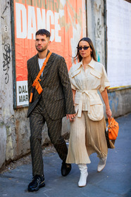 alice & j.s, beige shirt, beige skirt, black shoes, blazer, brown jacket, brown pants, brown suit, fanny pack, fendi, graphic jacket, graphic pants, graphic suit, high heels, leather bag, leather shoes, monogram, orange bag, pleated skirt, printed jacket, printed pants, printed suit, sunglasses, trousers, white shoes, white t shirt, MILAN, MFW, fashion week, frenchystyle, FW, jonathan paciullo, street style, AUTUMN WINTER 2019-2020, AW 19-20, FALL WINTER 2019-2020, FW 19-20, vertical, full length
