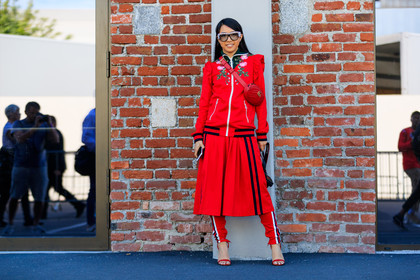 atmosphere details, fashion week, frenchystyle, full length, FW, graphic pants, graphic skirt, gucci, high heels, horizontal, jonathan paciullo, leather bag, leather shoes, MFW, MILAN, printed pants, printed skirt, red bag, red jacket, red pants, red shoes, red skirt, red sweater, SPRING SUMMER 2018, SS 18, street style, sunglasses, tone on tone, total look red, trousers, yuwei zhangzou, yuyu zhangzou