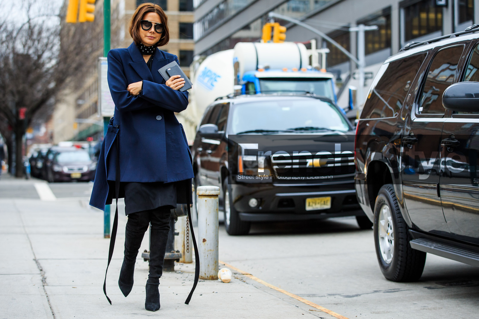 atmosphere details, AUTUMN WINTER 2016-2017, AW 16-17, black boots, black scarf, blue jacket, christine centenera, fashion week, frenchystyle, full length, FW, FW 16-17, high boots, high heels, horizontal, jonathan paciullo, navy jacket, NEW YORK, NYFW, polka dot, street style, suede shoes, sunglasses, woman