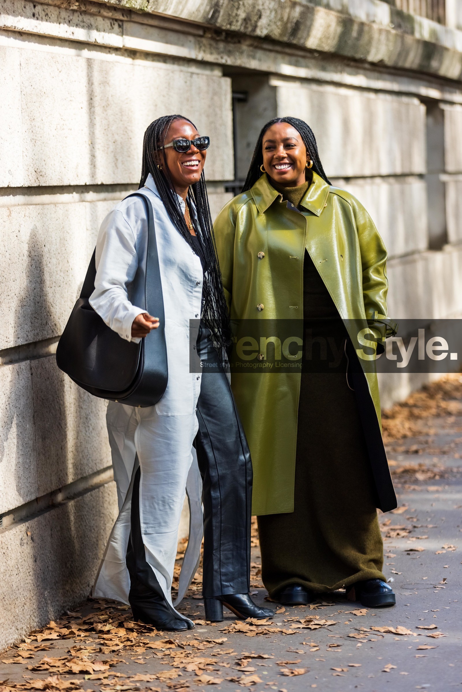 bag, black bag, black pants, boots, coat, dress, duo, green coat, Jessica Willis, kakhi dress, leather bag, leather coat, leather pants, Lindsay Peoples Wagner, long dress, long shirt, oversize bag, pants, shirt, sunglasses, white shirt, street style, jonathan paciullo, FW, frenchystyle, fashion week, PFW, PARIS, SPRING SUMMER 2022, SS 22, vertical, full length