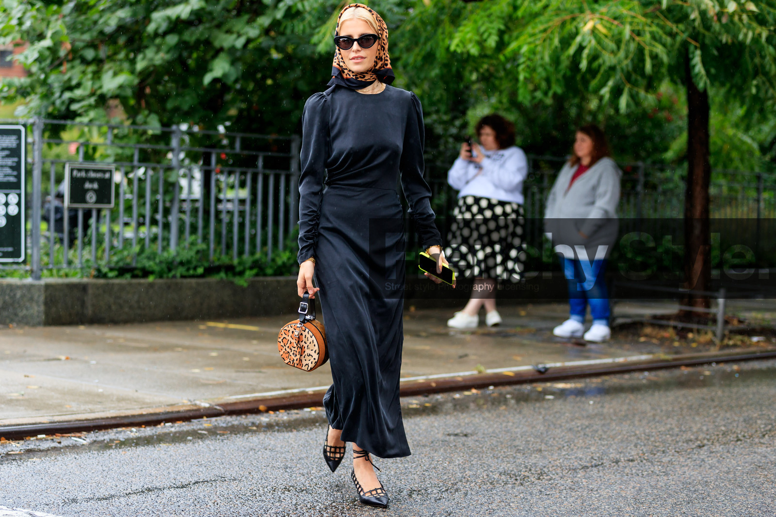 animal print, black dress, black shoes, brown bag, brown scarf, caro daur, graphic bag, headscarf, leather bag, leather shoes, leopard, louis vuitton, printed bag, sunglasses, street style, jonathan paciullo, FW, frenchystyle, fashion week, NYFW, NEW YORK, SPRING SUMMER 2019, SS 19, atmosphere details, horizontal, full length