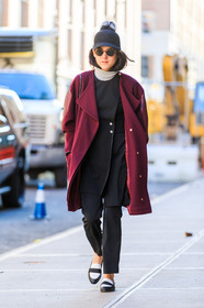 AUTUMN WINTER 2016-2017, AW 16-17, black and white loafers, black dress, black hat, black pants, bordeaux, burgundy, FALL WINTER 2016-2017, fashion week, frenchystyle, full length, FW, FW 16-17, jonathan paciullo, leather shoes, loafers, NEW YORK, NYFW, pompons, red coat, street style, sunglasses, trousers, vertical, woman