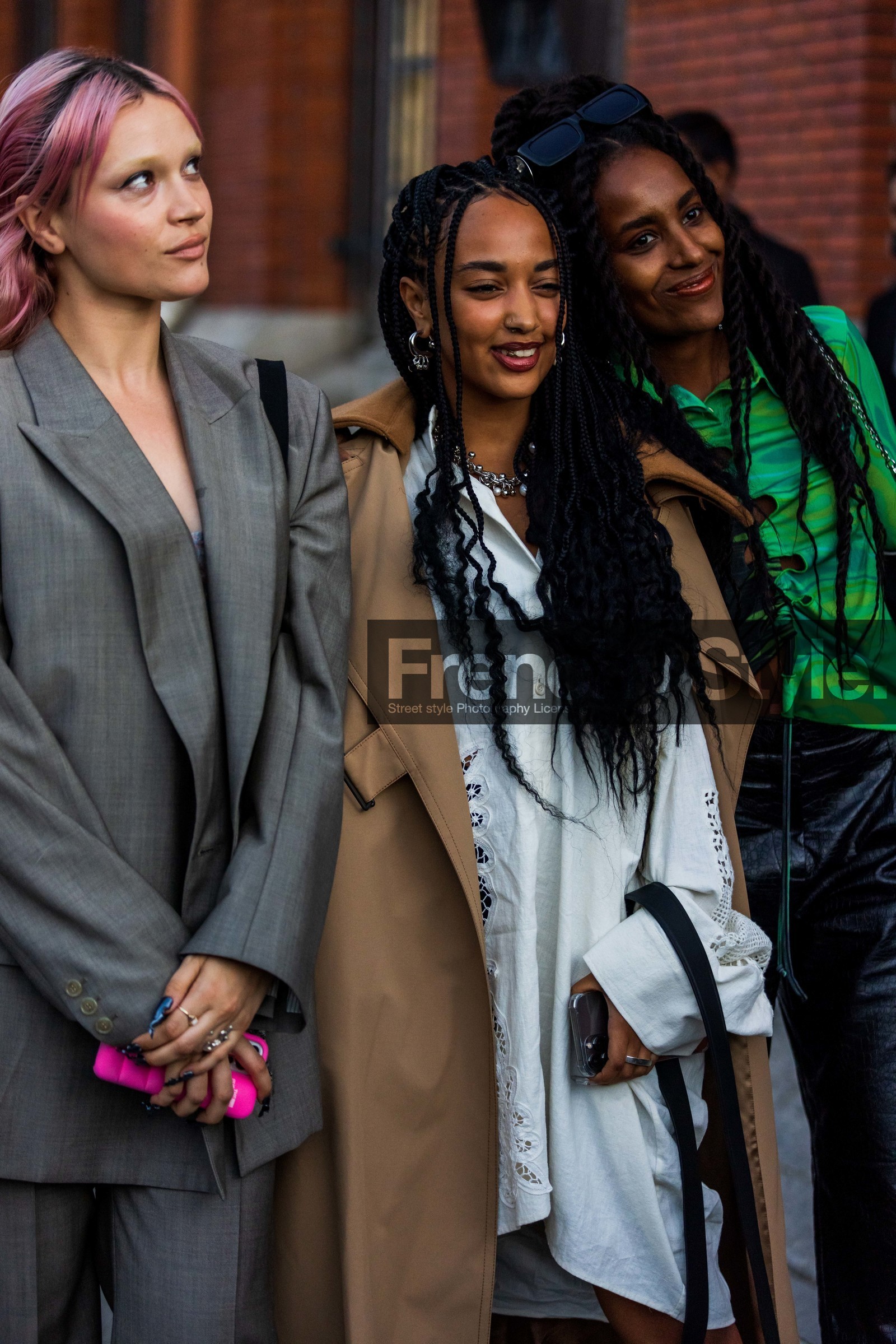 beige coat, black pants, blazer, braid, coat, dress, fluo green top, green top, grey blazer, grey pants, grey suit, hairstyle, leather pants, Lolo Zouai, necklace, pink hair, Rimon, shirt, silver earrings, silver necklace, suit, top, white dress, white shirt, Winta Ghebre, street style, jonathan paciullo, FW, frenchystyle, fashion week, PFW, PARIS, SPRING SUMMER 2022, SS 22, vertical, atmosphere details