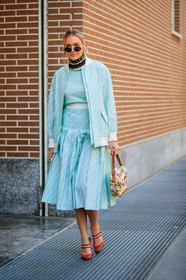 blue jacket, blue skirt, blue top, bomber jacket, brown bag, fendi, graphic bag, graphic jacket, graphic skirt, high heels, leather bag, leather shoes, monogram, nina suess, pleated skirt, printed bag, printed jacket, printed skirt, red shoes, sunglasses, MILAN, MFW, fashion week, frenchystyle, FW, jonathan paciullo, street style, AUTUMN WINTER 2019-2020, AW 19-20, FALL WINTER 2019-2020, FW 19-20, vertical, full length