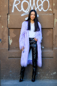 AUTUMN WINTER 2017-2018, AW 17-18, black boots, black pants, black shoes, FALL WINTER 2017-2018, fashion week, frenchystyle, full length, Fur coat, FW, FW 17-18, jonathan paciullo, leather pants, leather shoes, MFW, MILAN, purple coat, purple fur, street style, trousers, vertical, white t shirt, yoyo cao