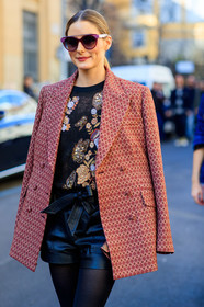 black shorts, black top, blazer, bracelet, embroidered top, embroideries, graphic jacket, leather shorts, olivia palermo, over the shoulder, printed jacket, red jacket, sunglasses, MILAN, MFW, fashion week, frenchystyle, FW, jonathan paciullo, street style, AUTUMN WINTER 2019-2020, AW 19-20, FALL WINTER 2019-2020, FW 19-20, vertical, atmosphere details, detail