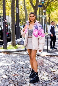 bag, black boots, boots, chunky boots, leather boots, mini skirt, pastel, pink bag, pink puffer, pink skirt, pink top, puffer, quilted skirt, skirt, stars, statement bag, fashion week, frenchystyle, FW, jonathan paciullo, street style, PFW, PARIS, SPRING SUMMER 2022, SS 22, vertical, full length