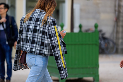 atmosphere details, back detail, black jacket, blue denim, denim pants, detail, fashion week, frenchystyle, FW, graphic jacket, horizontal, jeans, jonathan paciullo, over the shoulder, PARIS, PFW, plaid, printed jacket, SPRING SUMMER 2017, SS 17, street style, striped jacket, tartan, trousers
