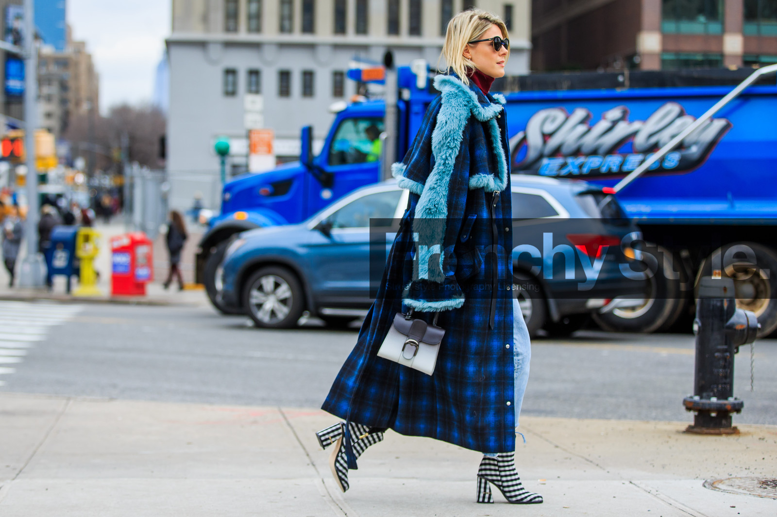 atmosphere details, AUTUMN WINTER 2016-2017, AW 16-17, black and white, blue, blue coat, blue denim, blue fur, checked boots, checked coat, denim jacket, denim pants, fashion week, frenchystyle, full length, fur collar, FW, FW 16-17, graphic shoes, grey, grey bag, high boots, high heels, horizontal, jeans, jonathan paciullo, leather bag, NEW YORK, NYFW, patchwork, plaid, sofie valkiers, street style, sunglasses, trousers, turtleneck sweater, woman