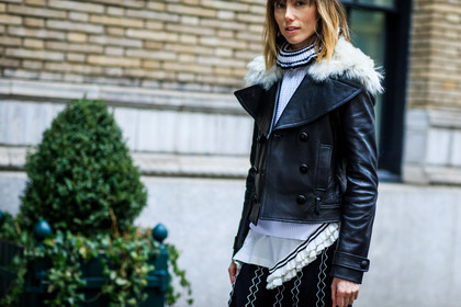 anya ziourova, atmosphere details, AUTUMN WINTER 2016-2017, AW 16-17, black jacket, black skirt, detail, embroidered skirt, fashion week, frenchystyle, fur collar, FW, FW 16-17, horizontal, jonathan paciullo, leather jacket, long skirt, NEW YORK, NYFW, street style, white fur, white knit, woman