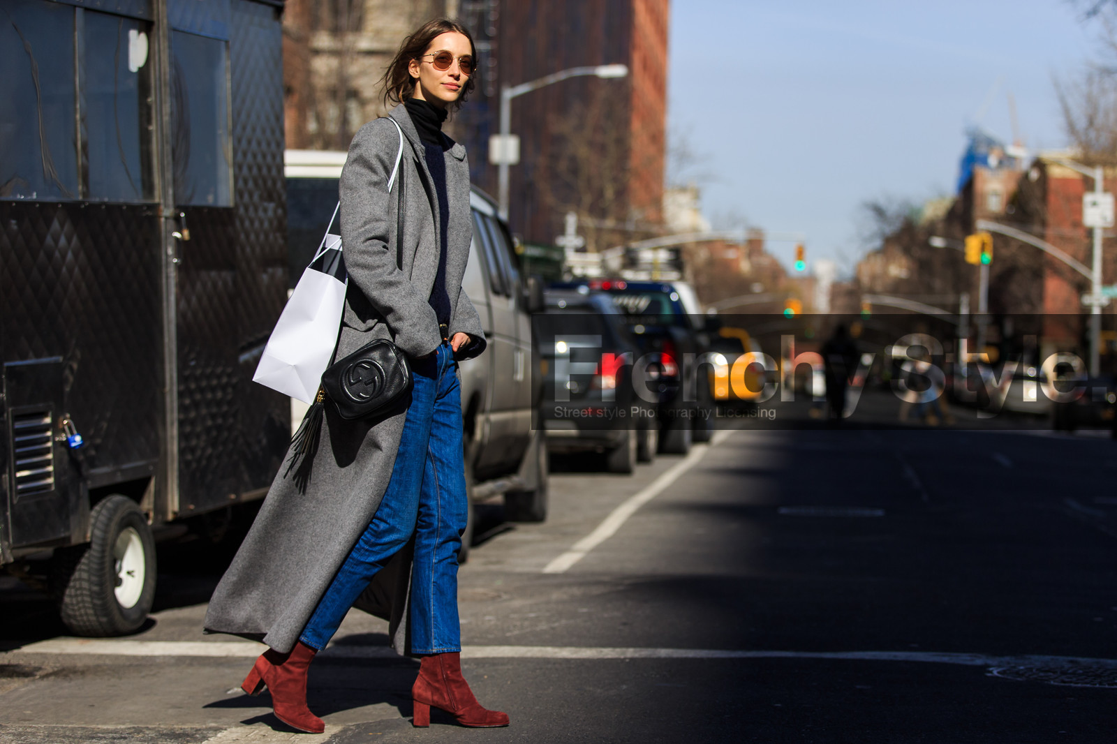 alana zimmer, atmosphere details, AUTUMN WINTER 2016-2017, AW 16-17, black bag, black belt, black turtleneck, blue denim, blue sweater, denim pants, FALL WINTER 2016-2017, fashion week, frenchystyle, full length, FW, FW 16-17, grey coat, gucci, horizontal, jeans, jonathan paciullo, leather bag, leather belt, long coat, model, NEW YORK, NYFW, red boots, street style, suede shoes, sunglasses, trousers, woman