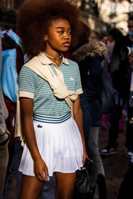 check, checked polo, green polo, Kayliah Balou, lacoste look, mini skirt, pleated skirt, polo, print, printed polo, skirt, tennis look, white skirt, lacoste, fashion week, frenchystyle, FW, jonathan paciullo, street style, PFW, PARIS, SPRING SUMMER 2022, SS 22, vertical, atmosphere details