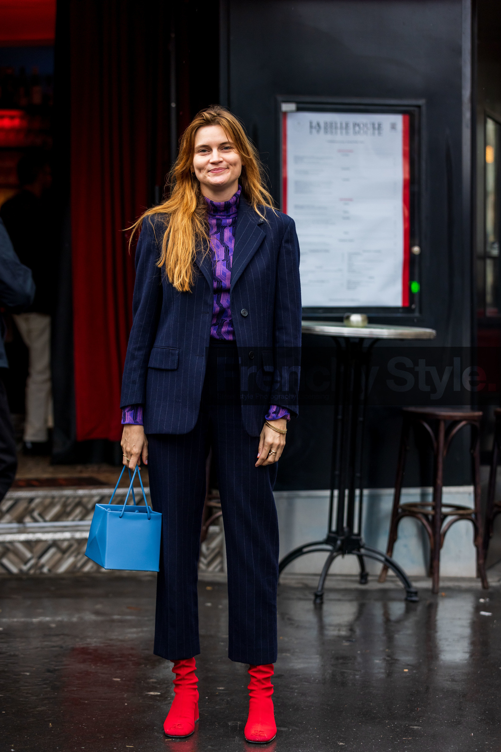 bag, blazer, blue bag, boots, Eugénie Trochu, navy blazer, navy pants, pants, printed turtleneck, purple turtleneck, red boots, striped blazer, striped pants, stripes, suits, turtleneck, fashion week, frenchystyle, FW, jonathan paciullo, street style, PFW, PARIS, SPRING SUMMER 2022, SS 22, vertical, full length