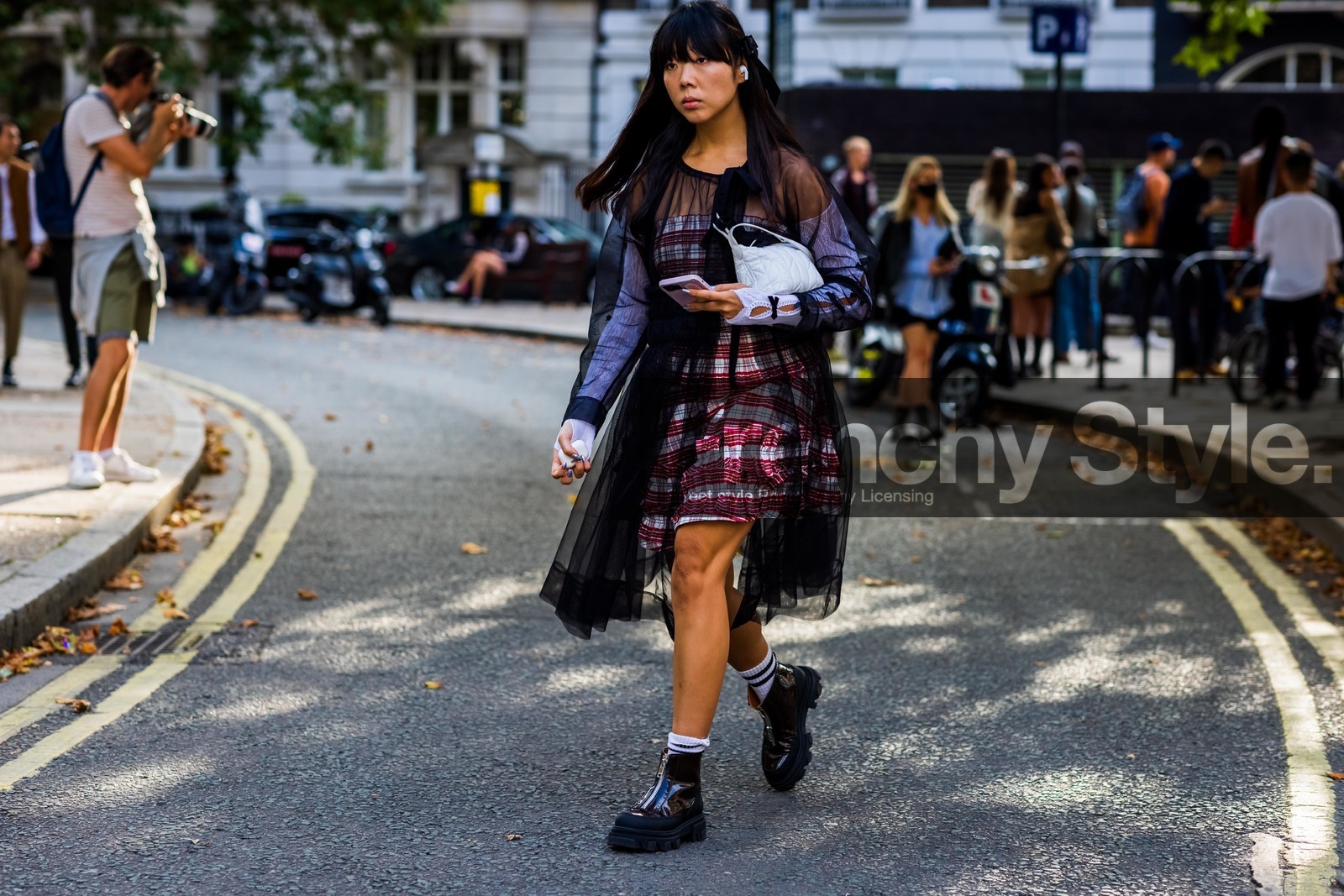 Susie Lau, boots, midi dress, dress, black, lace, plaid, handbag, white, fashion week, frenchystyle, FW, jonathan paciullo, street style, SPRING SUMMER 2022, SS 22, LFW, LONDON, horizontal, full length, atmosphere details