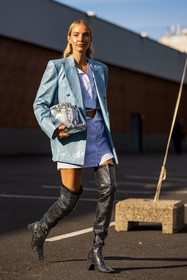 bag, blazer, blue blazer, boots, high boots, leather blazer, leather coat, Leonie Hanne, light blue blazer, light blue coat, mini skirt, shirt, silver bag, skirt, strass boots, white shirt, white skirt, street style, jonathan paciullo, FW, frenchystyle, fashion week, PFW, PARIS, SPRING SUMMER 2022, SS 22, vertical, full length