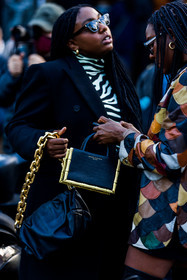 black bag, black coat, black sunglasses, bottega veneta bag, bracelet, brown jacket, chain bag, colored jacket, jacket, Jessica Willis, leather jacket, Lindsay Peoples Wagner, multicolor, patchwork, printed jacket, small bag, sunglasses, fashion week, frenchystyle, FW, jonathan paciullo, street style, PFW, PARIS, SPRING SUMMER 2022, SS 22, vertical, atmosphere details