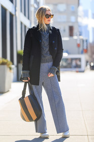 AUTUMN WINTER 2016-2017, AW 16-17, beige bag, black bag, black coat, black jacket, blue pants, camel bag, camille charriere, embroidered pants, fashion week, frenchystyle, full length, FW, FW 16-17, grey knit, grey sweater, jonathan paciullo, leather bag, leather shoes, leather sli, leather sneakers, NEW YORK, NYFW, printed pants, street style, striped bag, sunglasses, vertical, white slippers, wide pants, woman