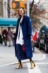 AUTUMN WINTER 2016-2017, AW 16-17, blue coat, blue dress, cashmere, dyed hair, fashion week, frenchystyle, fringes, full length, FW, FW 16-17, golden boots, irene kim, jonathan paciullo, layers, leather boots, long dress, NEW YORK, NYFW, street style, striped coat, sunglasses, vertical, white cardigan, woman, wool coat