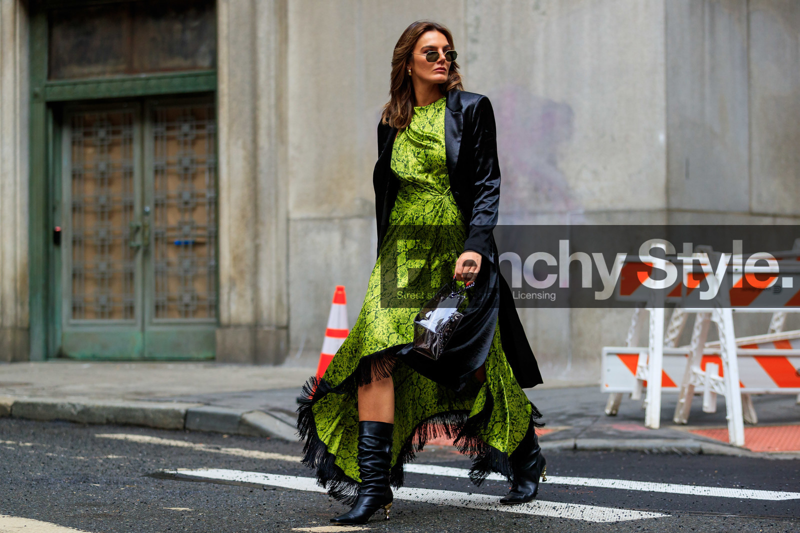 tezza, black jacket, satin jacket, green dress, animal print dress, rayban sunglasses, metalic frame sunglasses, geometric shape glasses, long jacket, fringe dress, asymetrical dress, black leather boots, kitten heels boots, golden heels, plastic bag, strassed bag, hand bag, sheer bag, long dress, drape dress, fashion week, frenchystyle, FW, jonathan paciullo, street style, AUTUMN WINTER 2020-2021, FALL WINTER 2020-2021, FW 20-21, horizontal, atmosphere details, full length, NYFW, NEW YORK