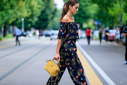atmosphere details, black jumpsuit, detail, fashion week, floral, flower, frenchystyle, FW, horizontal, izabel goulart, jonathan paciullo, leather bag, MFW, MILAN, model, necklace, off the shoulder, printed jumpsuit, SPRING SUMMER 2017, SS 17, street style, trousers, yellow bag