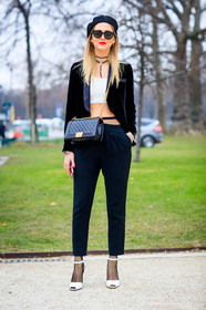 black bag, black cap, black jacket, black pants, blazer, boy bag, chanel, choker, crop top, high heels, leather bag, leather shoes, necklace, sunglasses, trousers, velvet, white shoes, white top, fashion week, frenchystyle, FW, jonathan paciullo, street style, PFW, PARIS, SPRING SUMMER 2017, SS 17, HAUTE COUTURE, vertical, full length, chiara ferragni