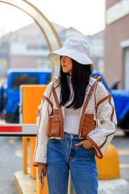 blue denim, denim pants, fendi, graphic jacket, jeans, monogram, printed jacket, transparent jacket, trousers, turtleneck sweater, white hat, white sweater, yoyo cao, MILAN, MFW, fashion week, frenchystyle, FW, jonathan paciullo, street style, AUTUMN WINTER 2019-2020, AW 19-20, FALL WINTER 2019-2020, FW 19-20, vertical, atmosphere details, detail