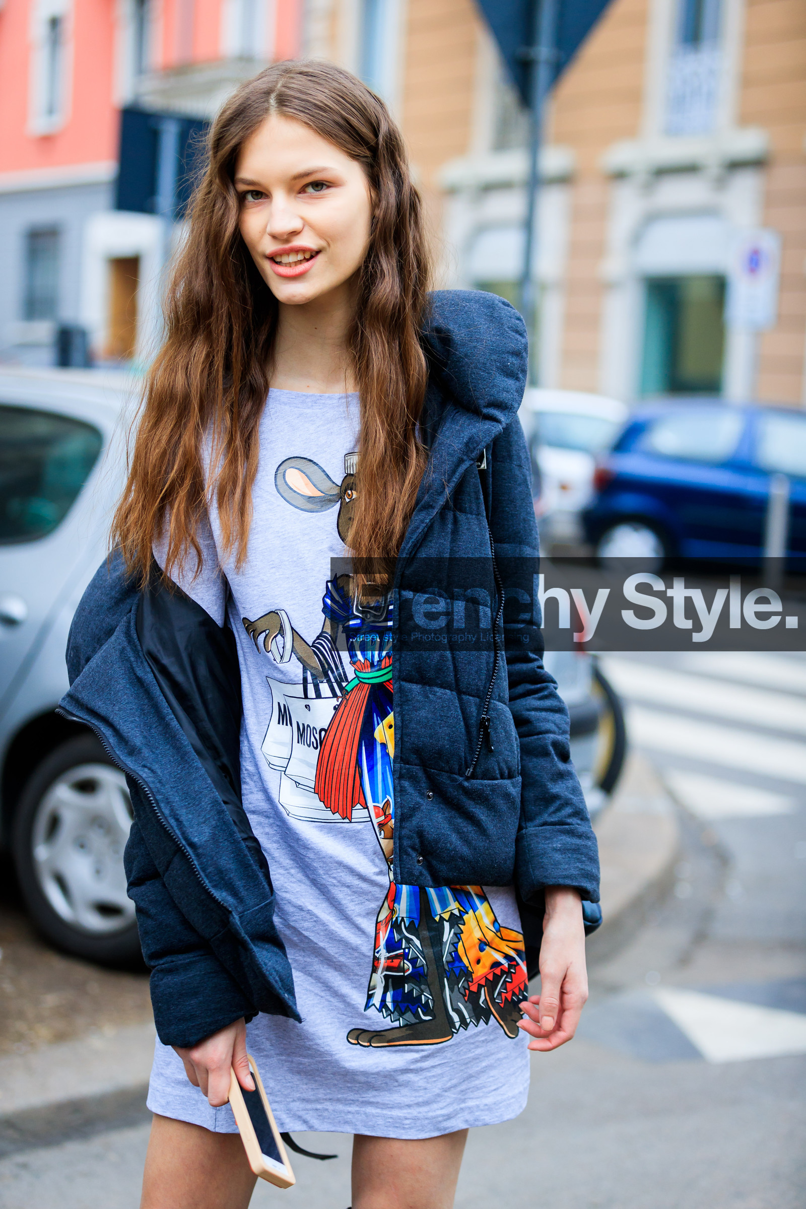 AUTUMN WINTER 2017-2018, AW 17-18, black jacket, cartoon, detail, down jacket, FALL WINTER 2017-2018, fashion week, frenchystyle, FW, FW 17-18, grey dress, grey jacket, jonathan paciullo, MFW, MILAN, model, street style, t shirt dress, vertical
