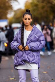 boots, coat, color, high boots, Lena Mahfouf, lila, lila boots, miu miu puffer, puffer, purple puffer, quilted coat, long t-shirt, white t-shirt, dress, white dress, short dress, fashion week, frenchystyle, FW, jonathan paciullo, street style, PFW, PARIS, SPRING SUMMER 2022, SS 22, vertical, atmosphere details