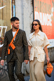 alice & j.s, beige shirt, beige skirt, blazer, brown jacket, brown pants, brown suit, fanny pack, fendi, graphic jacket, graphic pants, graphic suit, leather bag, monogram, orange bag, pleated skirt, printed jacket, printed pants, printed suit, sunglasses, trousers, white t shirt, MILAN, MFW, fashion week, frenchystyle, FW, jonathan paciullo, street style, AUTUMN WINTER 2019-2020, AW 19-20, FALL WINTER 2019-2020, FW 19-20, vertical, atmosphere details, detail