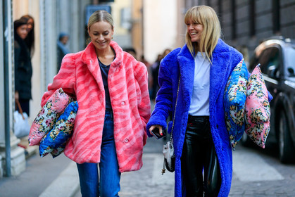 black and white bag, black pants, blue denim, blue fur coat, denim pants, fur jacket, graphic bag, graphic jacket, jeanette madsen, jeans, leather bag, leather pants, pink fur, pink jacket, printed bag, printed jacket, stripes, thora valdimars, trousers, white t shirt, MILAN, MFW, fashion week, frenchystyle, FW, jonathan paciullo, street style, AUTUMN WINTER 2019-2020, AW 19-20, FALL WINTER 2019-2020, FW 19-20, atmosphere details, detail, horizontal