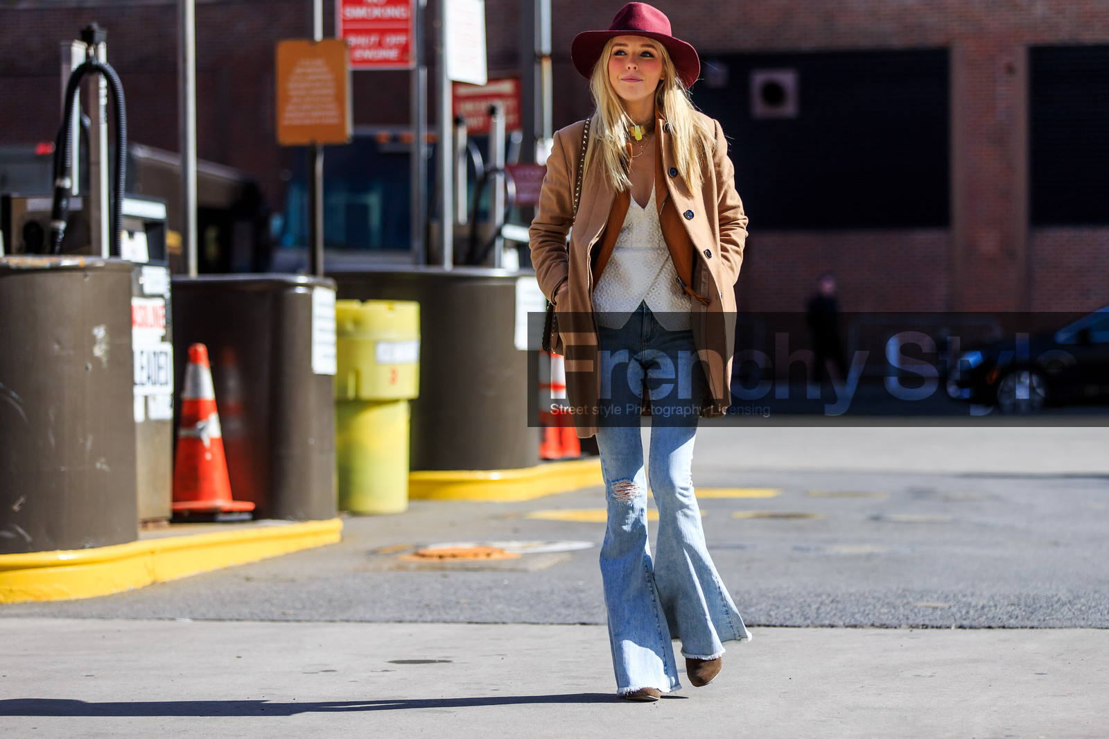 atmosphere details, AUTUMN WINTER 2016-2017, AW 16-17, beige coat, blue denim, bordeaux, brown bag, camel jacket, denim pants, FALL WINTER 2016-2017, fashion week, frenchystyle, full length, FW, FW 16-17, golden jewelry, horizontal, jeans, jonathan paciullo, lace top, leather bag, necklace, NEW YORK, NYFW, red hat, street style, studs, trousers, valentino, white top, wide pants, woman