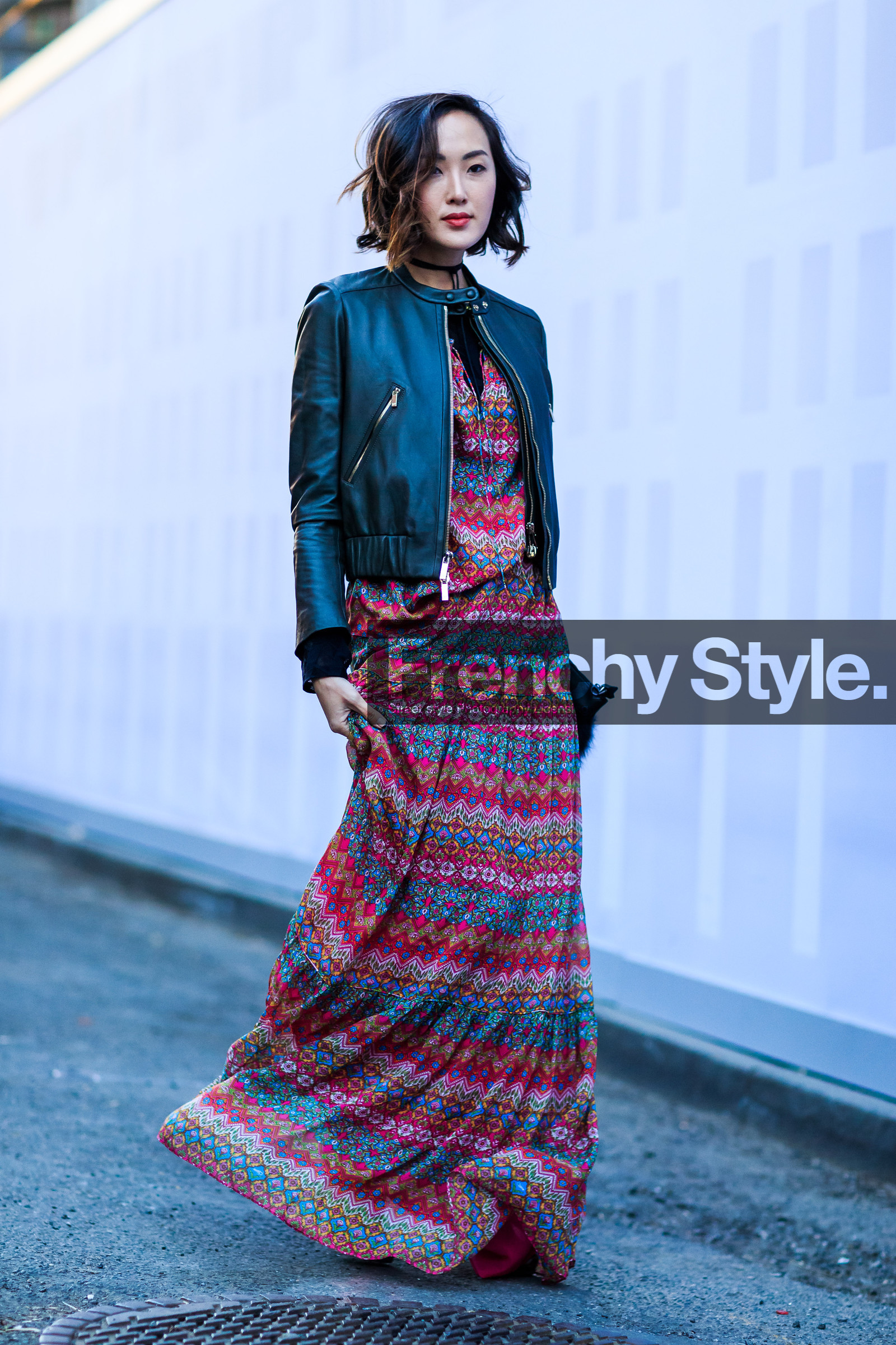 AUTUMN WINTER 2016-2017, AW 16-17, black jacket, Chriselle Lim, embroidered dress, fashion week, frenchystyle, full length, FW, FW 16-17, graphic dress, jonathan paciullo, leather jacket, long dress, NEW YORK, NYFW, pink dress, printed dress, red dress, silk dress, street style, vertical, woman