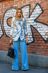 black bag, blazer, blue denim, denim pants, fashion week, fendi, floral, flowers, frenchystyle, full length, FW, graphic jacket, jeans, jonathan paciullo, leather bag, MFW, MILAN, nina suess, printed jacket, SPRING SUMMER 2018, SS 18, street style, trousers, vertical, white jacket