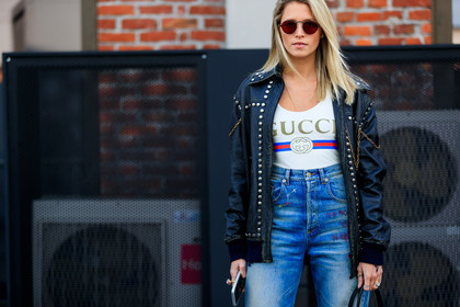 black jacket, blue denim, chains, denim pants, gucci, jeans, leather jacket, printed t shirt, studs, sunglasses, trousers, white t shirt, fashion week, frenchystyle, FW, jonathan paciullo, street style, MFW, MILAN, AUTUMN WINTER 2018-2019, FALL WINTER 2018-2019, FW 18-19, horizontal, atmosphere details, helena bordon