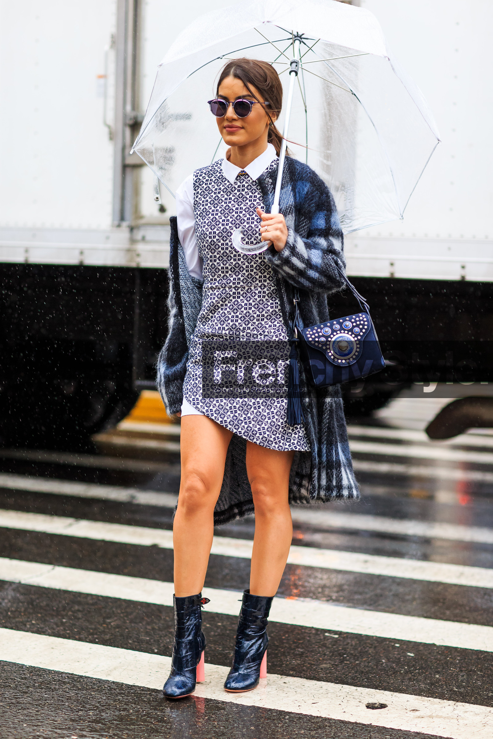 AUTUMN WINTER 2016-2017, AW 16-17, blue bag, blue boots, blue coat, blue dress, camila coelho, checked coat, embroidered dress, fashion week, frenchystyle, full length, FW, FW 16-17, graphic dress, high heels, jonathan paciullo, leather bag, leather boots, louis vuitton, NEW YORK, NYFW, pink heels, plaid, printed dress, street style, studs, suede bag, sunglasses, umbrella, vertical, white collar, woman, wool coat