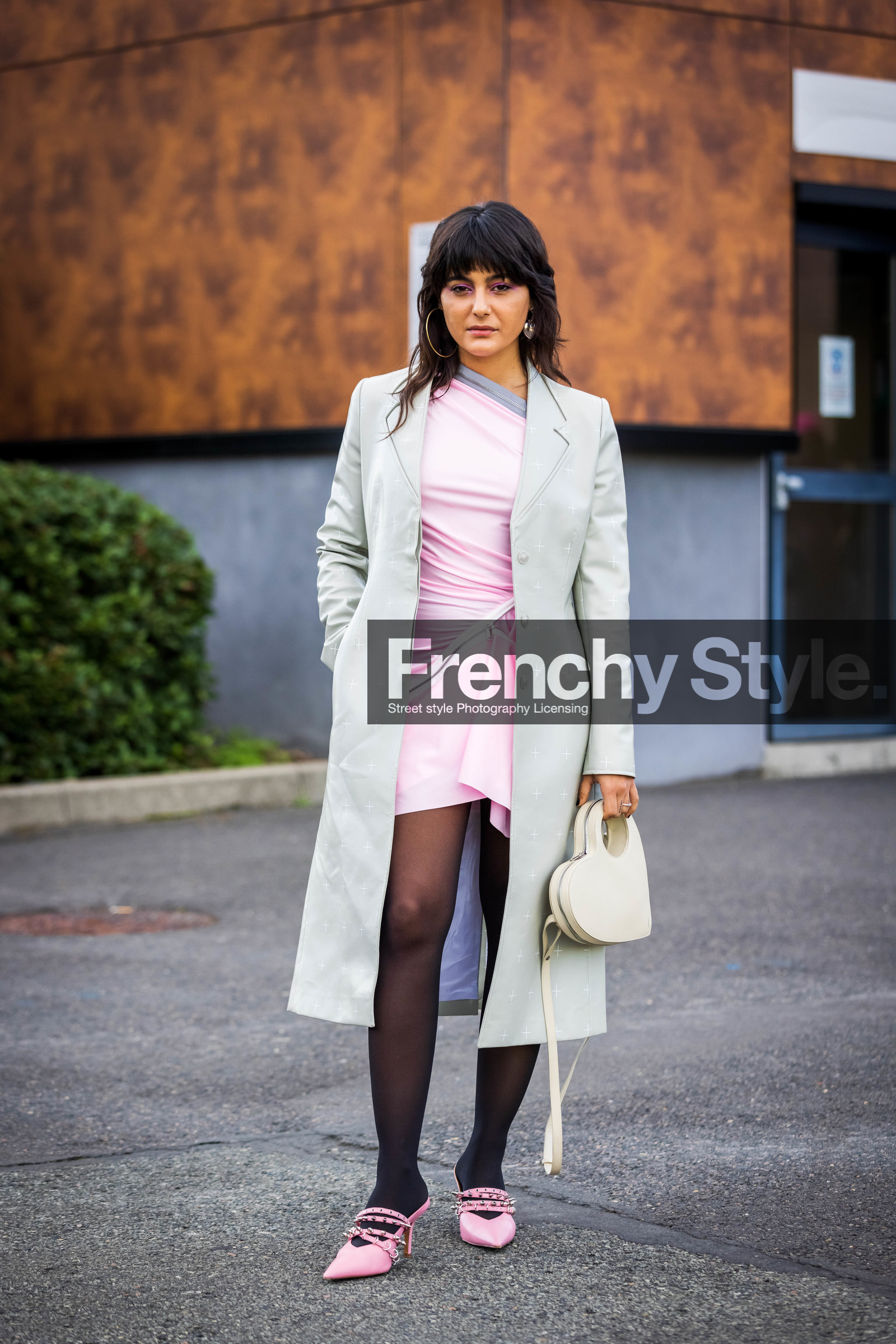 asymetric dress, bag, black tight, coat, dress, earrings, heart, leather bag, leather sandals, long coat, Maria Bernad, pink dress, pink sandals, pistachio coat, printed bag, sandals, white bag, street style, jonathan paciullo, FW, frenchystyle, fashion week, PFW, PARIS, SPRING SUMMER 2022, SS 22, vertical, full length