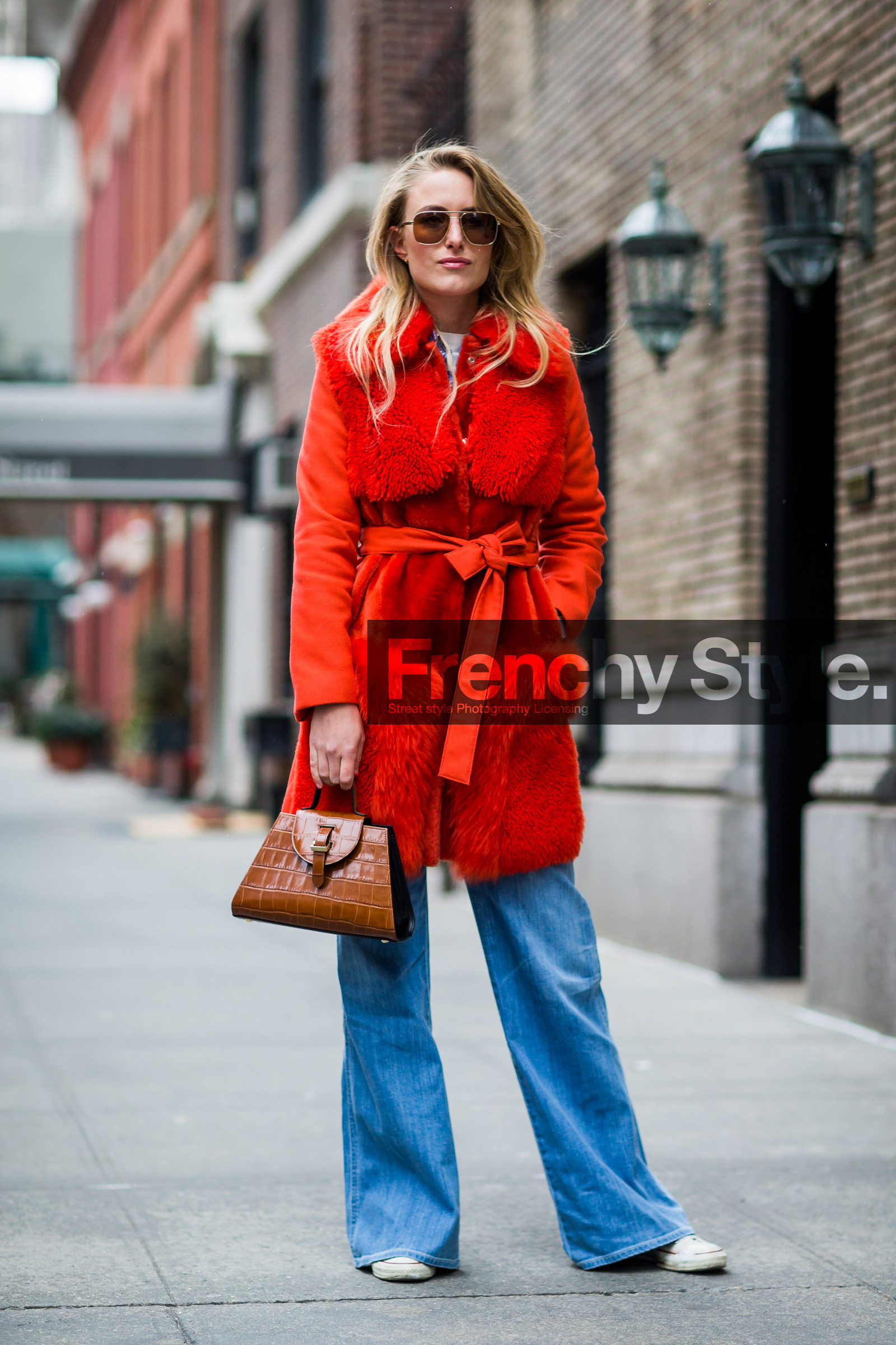 AUTUMN WINTER 2016-2017, AW 16-17, blue denim, brown bag, converse, denim pants, fashion week, frenchystyle, full length, fur coat, FW, FW 16-17, jeans, jonathan paciullo, leather bag, NEW YORK, NYFW, red coat, red fur, street style, sunglasses, trousers, vertical, woman