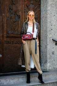 animal print, beige pants, black belt, black shoes, brown coat, fendi, graphic bag, graphic jacket, high heels, leather bag, leather belt, leather coat, leather pants, leather shoes, leonie hanne, monogram, necklace, printed bag, printed jacket, red bag, sunglasses, trousers, white tank top, MILAN, MFW, fashion week, frenchystyle, FW, jonathan paciullo, street style, AUTUMN WINTER 2019-2020, AW 19-20, FALL WINTER 2019-2020, FW 19-20, vertical, full length