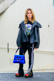 adidas, black boots, black jacket, black pants, black t shirt, blanca miro, blue bag, fashion week, floral, flower, frenchystyle, full length, FW, hood, jonathan paciullo, jw anderson, leather bag, leather jacket, leather shoes, LFW, LONDON, printed t shirt, ranger boots, SPRING SUMMER 2017, SS 17, street style, sweatpants, trousers, vertical, woman