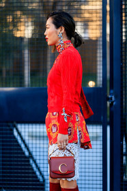 aimee song, bracelet, chloé, graphic jacket, graphic skirt, high boots, lace skirt, leather bag, leather shoes, printed jacket, printed skirt, red bag, red boots, red shirt, red sweater, white skirt, PARIS, PFW, street style, jonathan paciullo, FW, frenchystyle, fashion week, AUTUMN WINTER 2019-2020, AW 19-20, FALL WINTER 2019-2020, FW 19-20, vertical, atmosphere details, detail