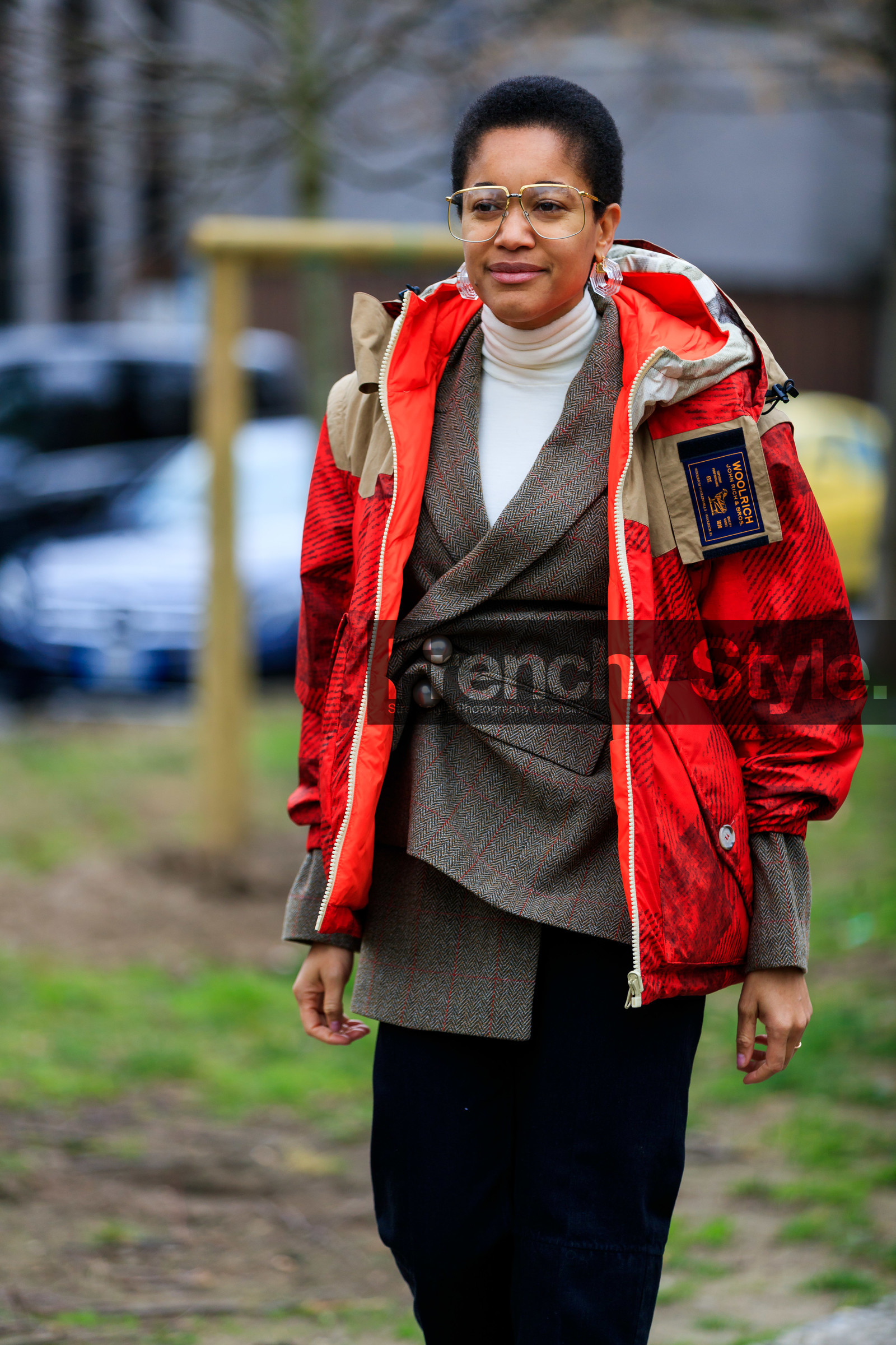black pants, blazer, blue denim, brown jacket, checked, denim pants, earrings, graphic jacket, jeans, plaid, printed jacket, red jacket, sunglasses, tamu mcpherson, trousers, turtleneck sweater, white sweater, woolrich, MILAN, MFW, fashion week, frenchystyle, FW, jonathan paciullo, street style, AUTUMN WINTER 2019-2020, AW 19-20, FALL WINTER 2019-2020, FW 19-20, vertical, atmosphere details, detail