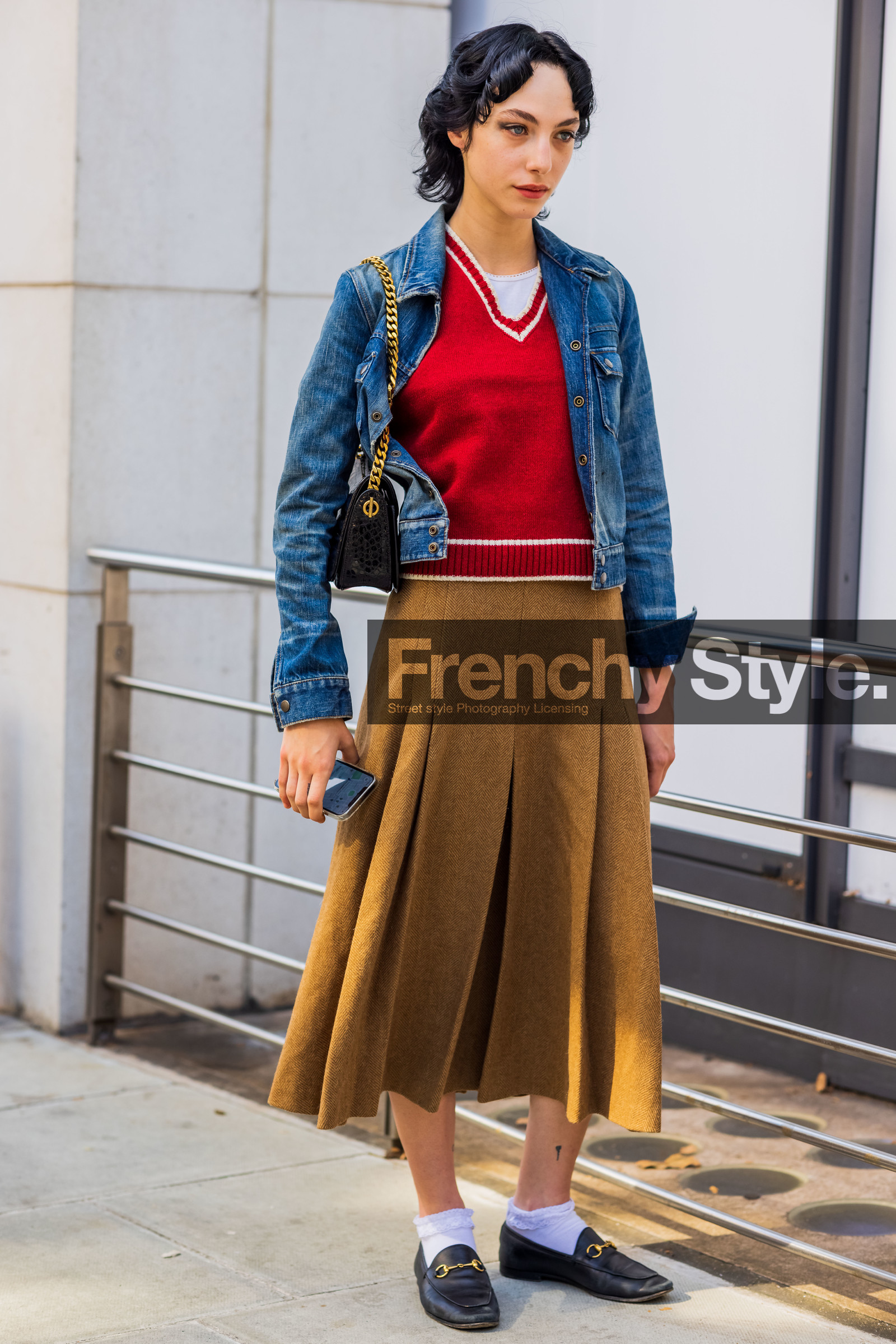 denim, jacket, sleeveless vest, red, knitted shirt, knit, midi skirt, derbies, black, camel, handbag, fashion week, frenchystyle, FW, jonathan paciullo, street style, SPRING SUMMER 2022, SS 22, LFW, LONDON, vertical, full length, model