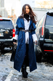 AUTUMN WINTER 2017-2018, AW 17-18, black bag, black belt, black boots, black pants, black turtleneck, blue jacket, FALL WINTER 2017-2018, fashion week, frenchystyle, full length, FW, FW 17-18, graphic coat, graphic jacket, high heels, iphone, jonathan paciullo, Lainy Hedaya, leather bag, leather belt, leather boots, leather pants, navy coat, navy jacket, NEW YORK, NYFW, street style, striped coat, striped jacket, studs, trousers, vertical